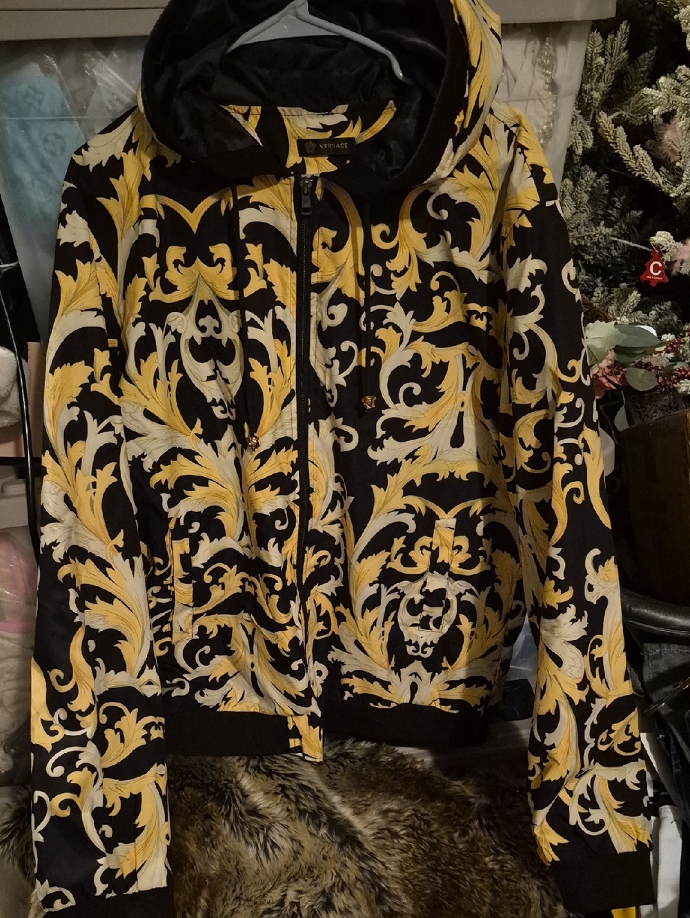 Versace Black and Yellow Baroque Hooded Bomber Jacket